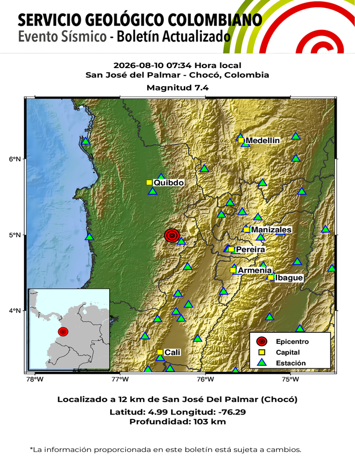 Mapa oficial del evento sísmico - Servicio Geológico Colombiano